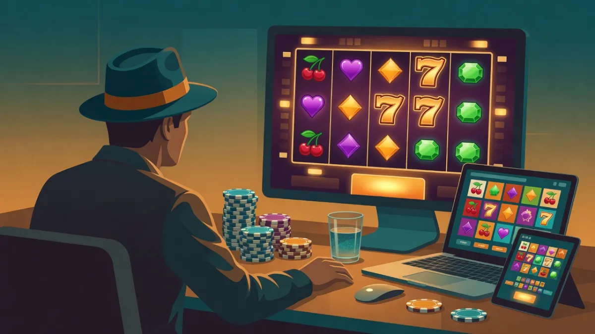 Illustration: Spieler mit Hut vor einem Slot-Bildschirm, daneben Laptop, Tablet und Jetons